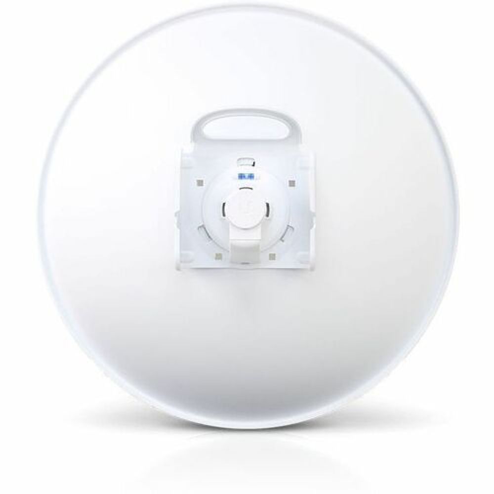 White wireless dish antenna rear view with central mounting bracket