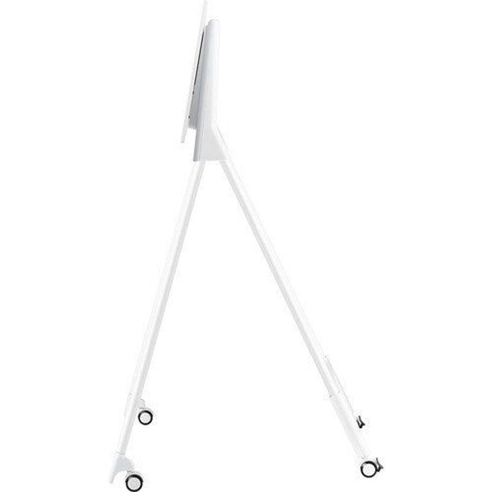 White tripod legs display stand with caster wheels and side view of mount