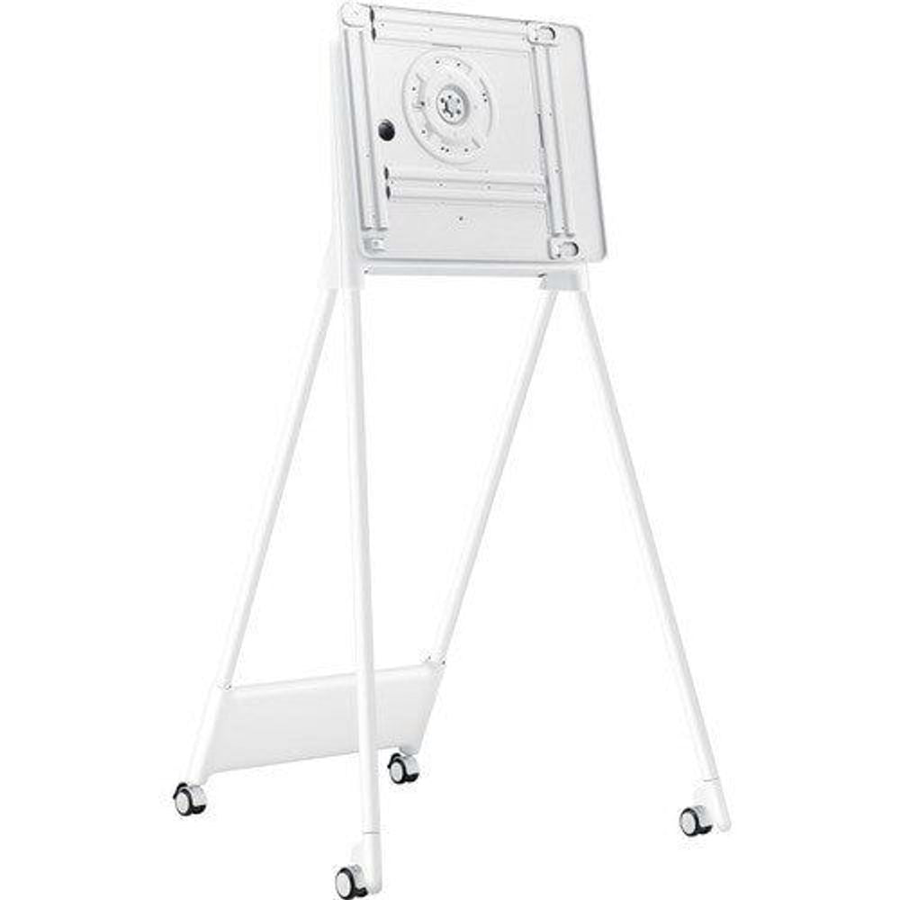 White interactive display stand with top mount plate and adjustable caster base