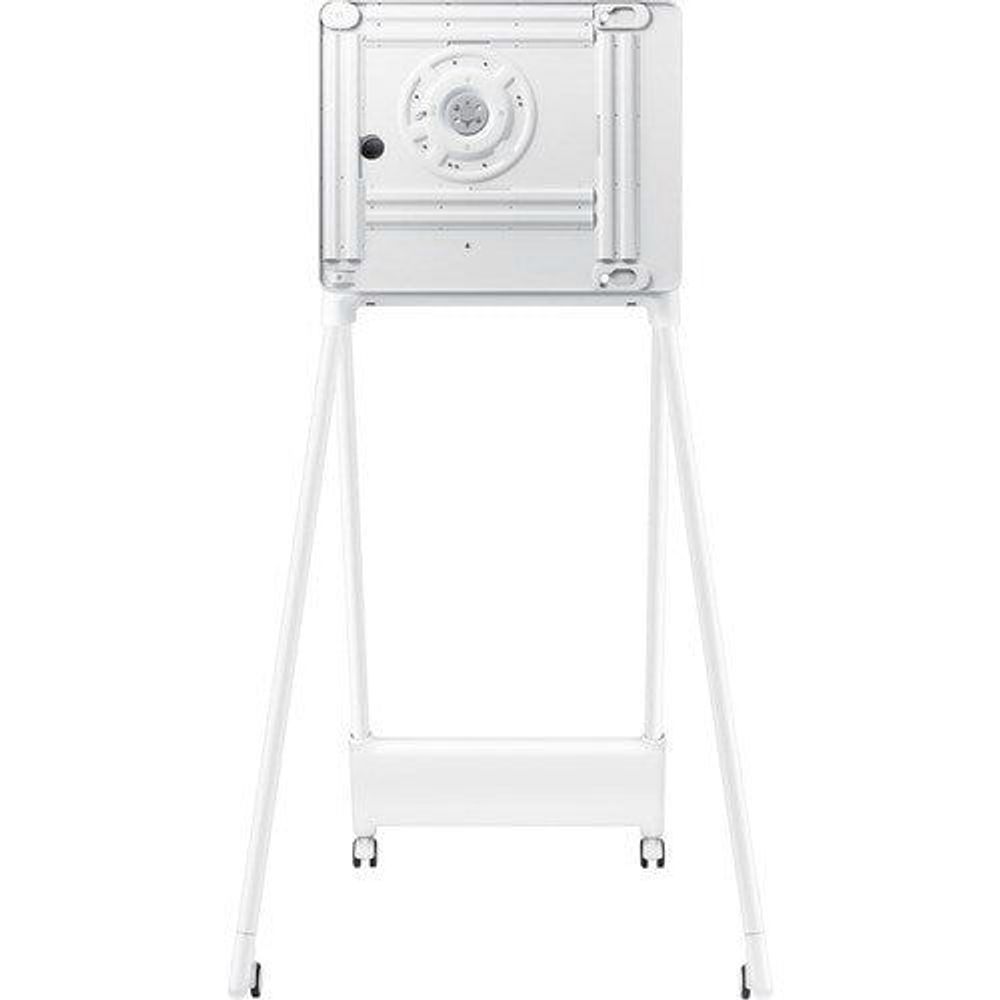 White interactive display stand with top mount plate, center frame, and caster base