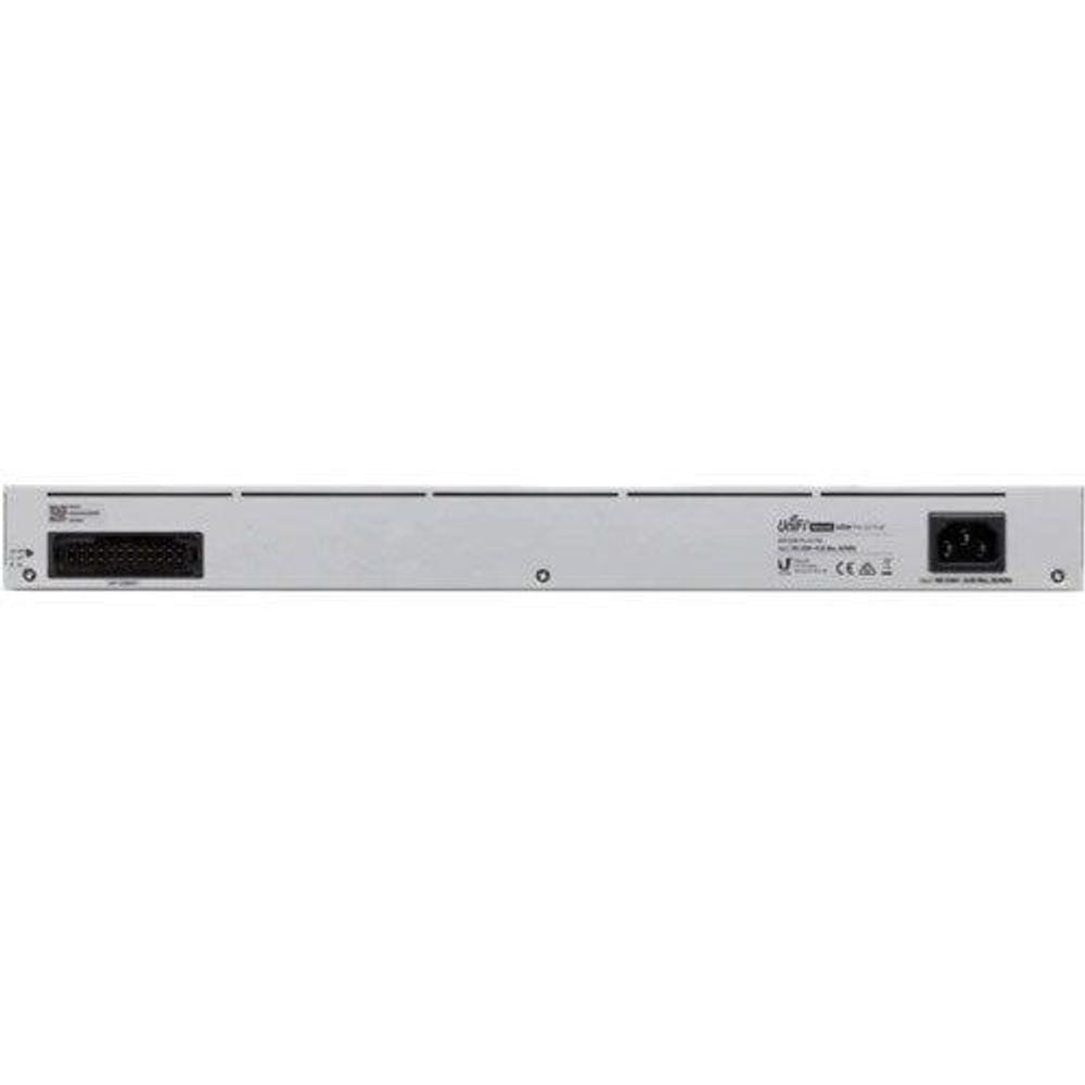 Gray Ethernet switch rear panel with power port, console/management, and fan vents