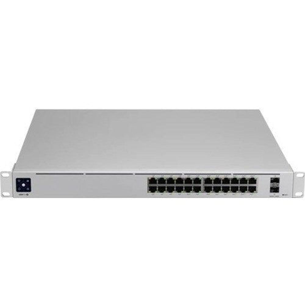 Gray 24-port managed Ethernet switch front with left LCD panel and RJ-45 ports