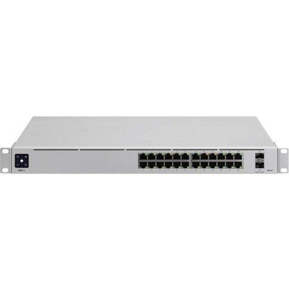 Gray 24-port Ethernet switch front with RJ-45 port row and right-side control ports
