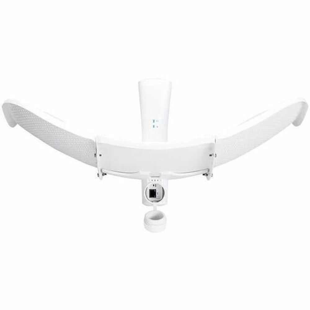 Aluminum wireless antenna with mounted center unit and two curved mesh side wings