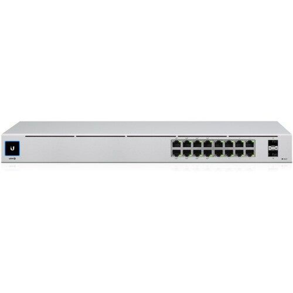 Ubiquiti UniFi 16-port PoE switch, angled front view with Ethernet port block