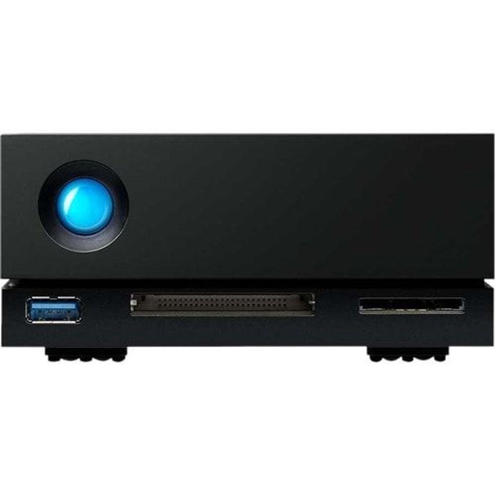 Black desktop external hard drive side view with glowing blue power light and port openings.