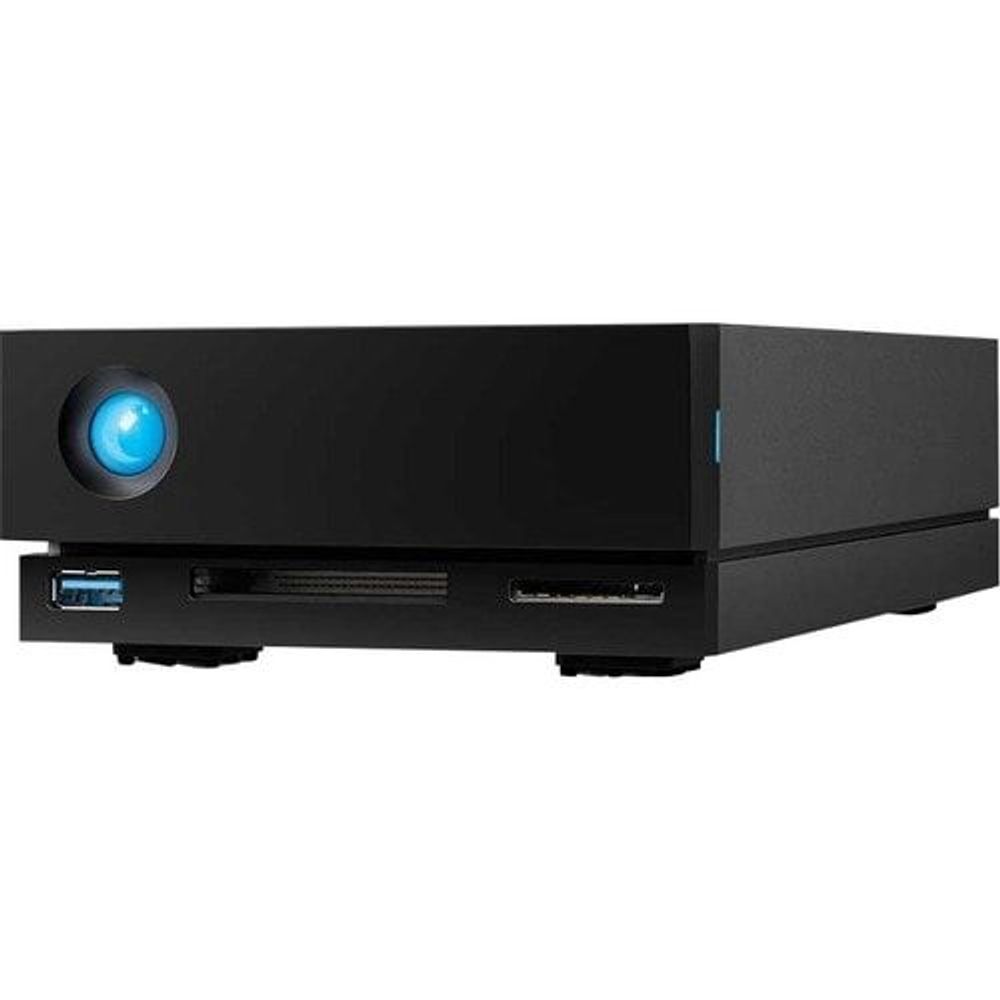 Black desktop external hard drive side panel with glowing blue power light and front ports.