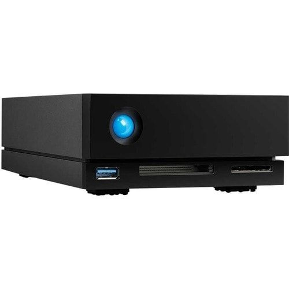 External desktop hard drive in black with blue power light and front ports