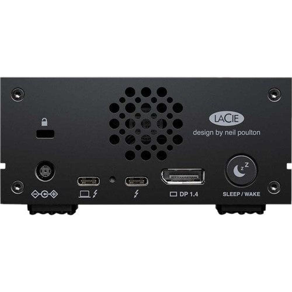 Back panel of black external hard drive with fan vent, ports, and LACIE branding.