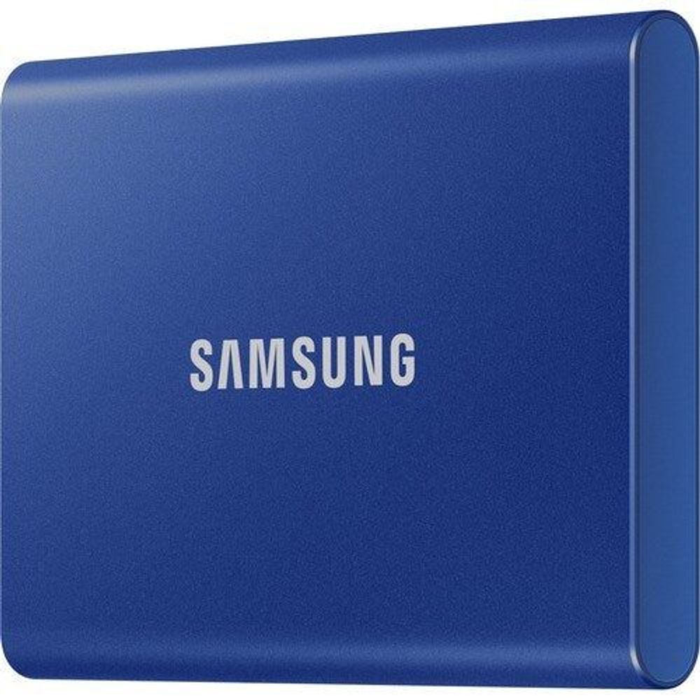 Samsung T7 portable SSD blue end view with rounded corners and SAMSUNG logo