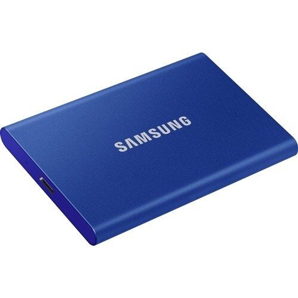 Blue Samsung Portable SSD T7 external solid-state drive with ports on side