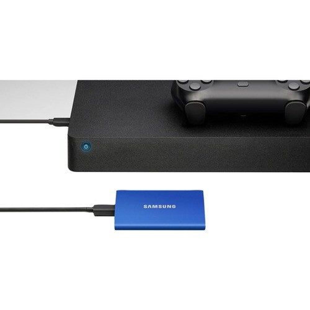 Blue Samsung Portable SSD T7 external solid-state drive with USB cable connection