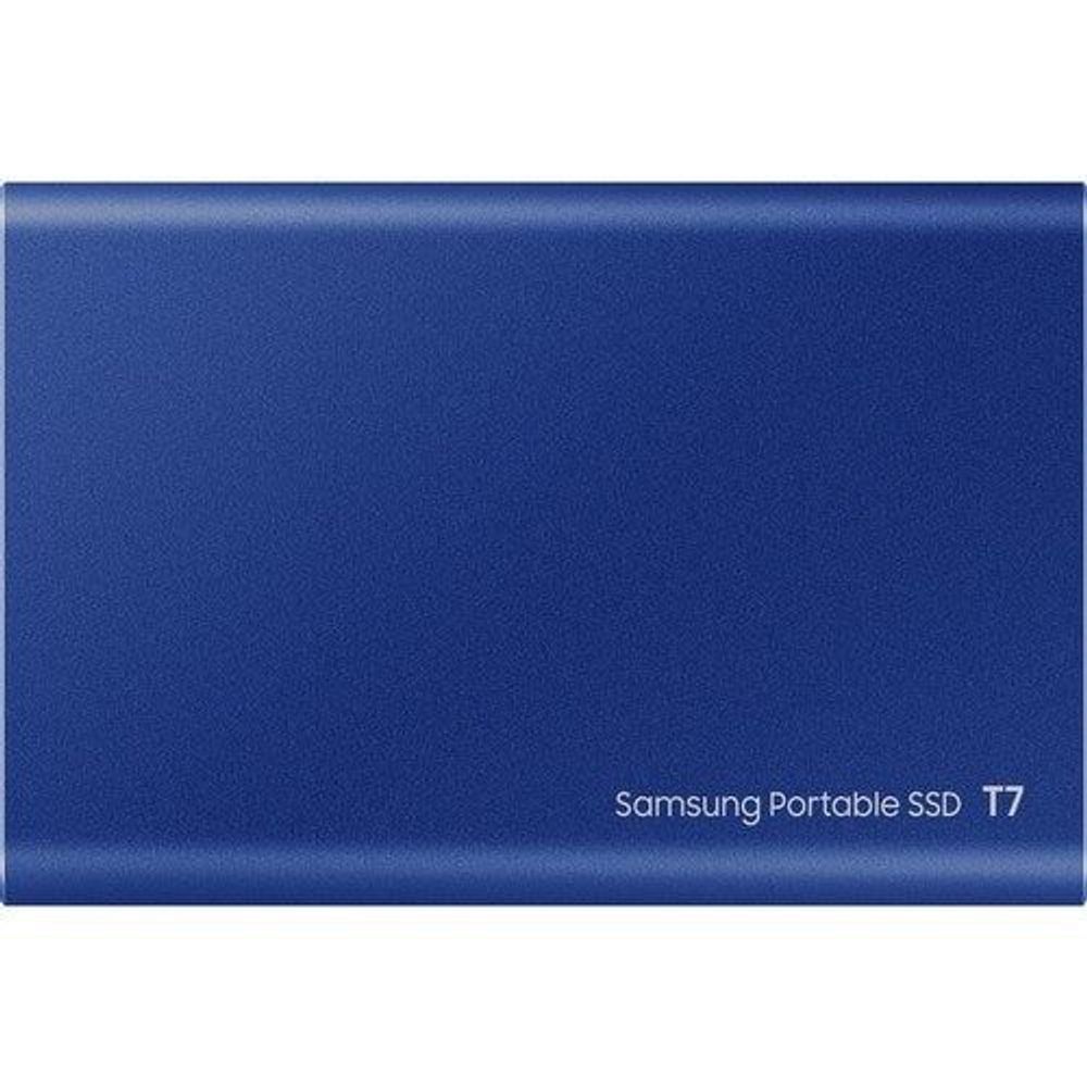 Blue Samsung Portable SSD T7 external SSD close-up with brand text