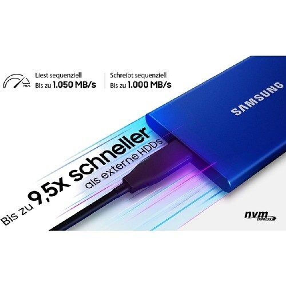 Samsung T7 portable SSD blue case with cable, showing fast transfer graphic