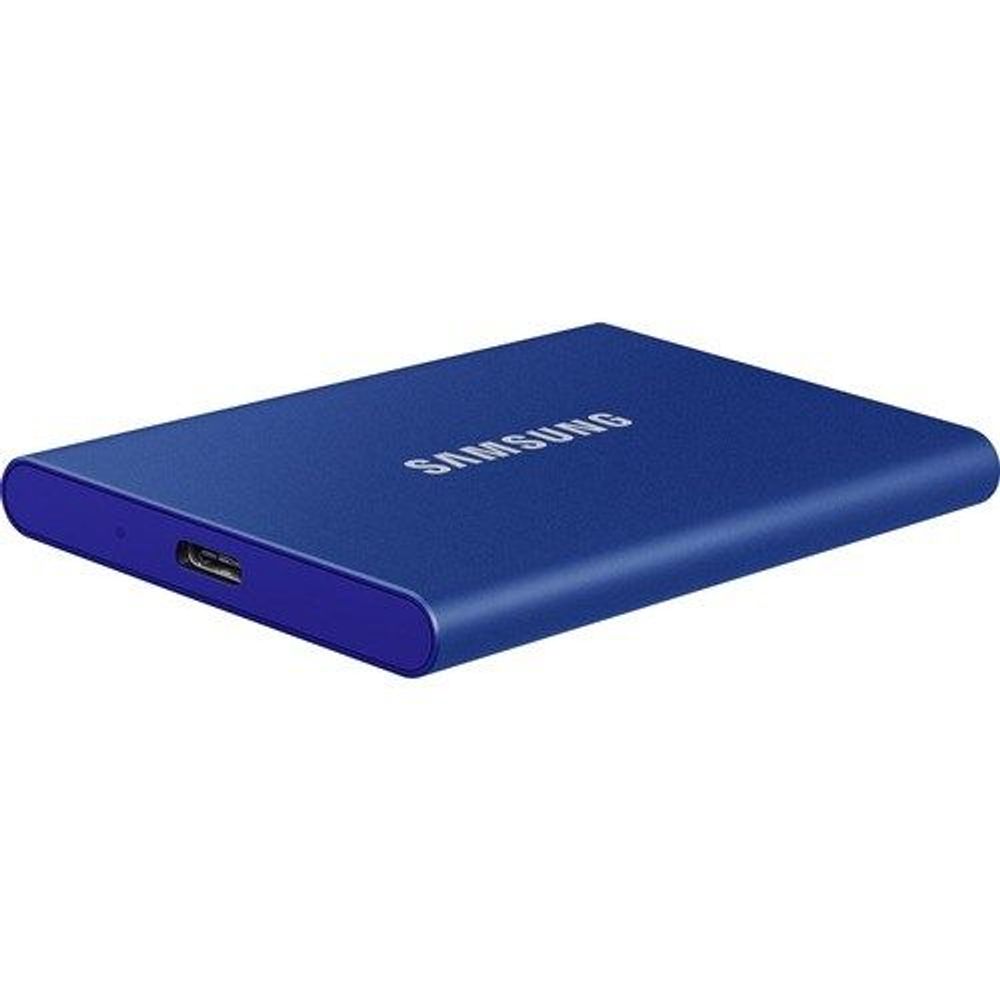 Samsung T7 portable SSD blue top view with USB port on side