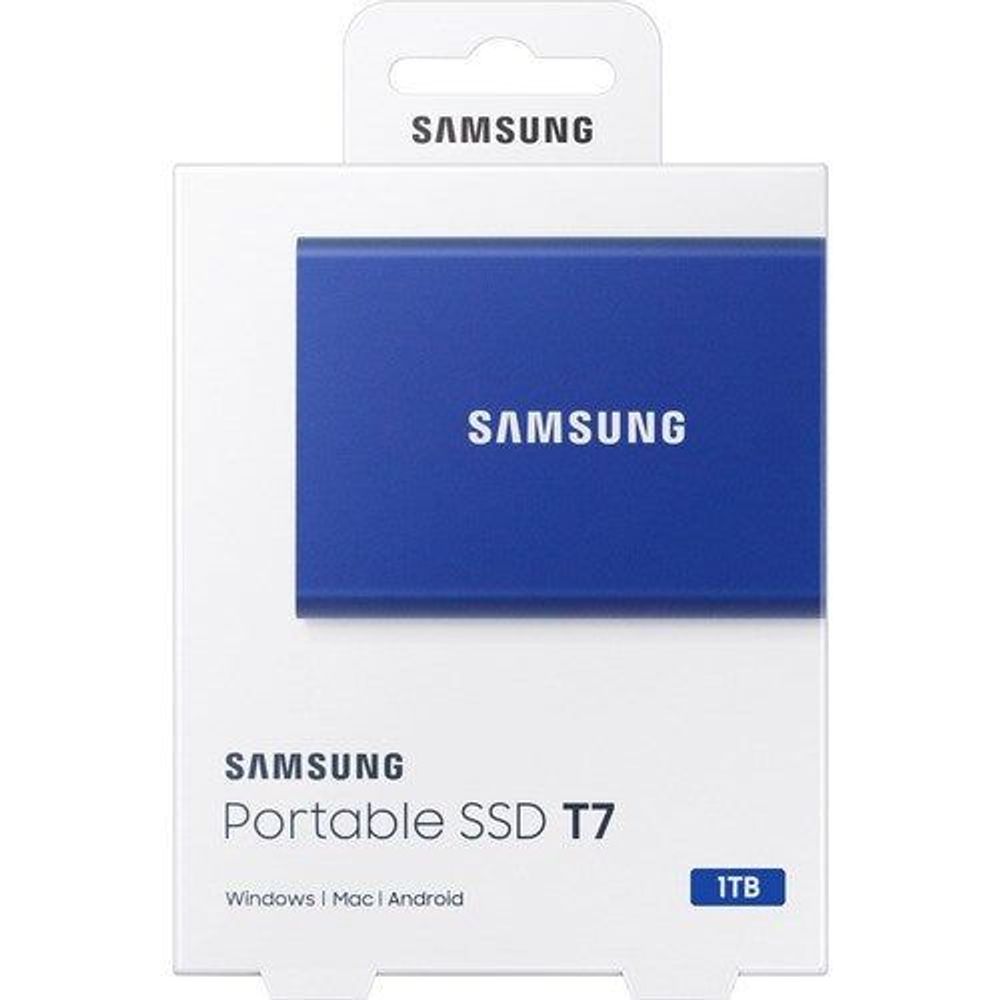 Samsung Portable SSD T7 retail package, blue panel and 1TB capacity badge