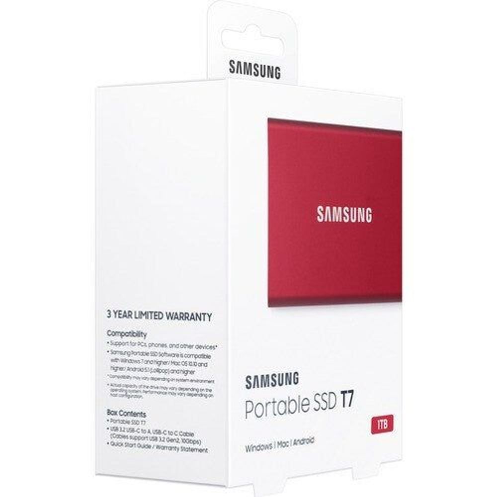 Samsung Portable SSD T7 1TB retail package with red drive card and 3-year warranty