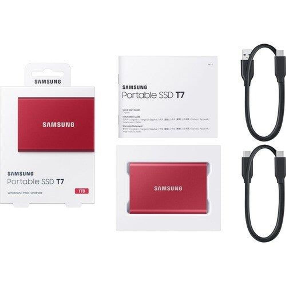 Samsung Portable SSD T7 kit with red drive, packaging, and USB cables