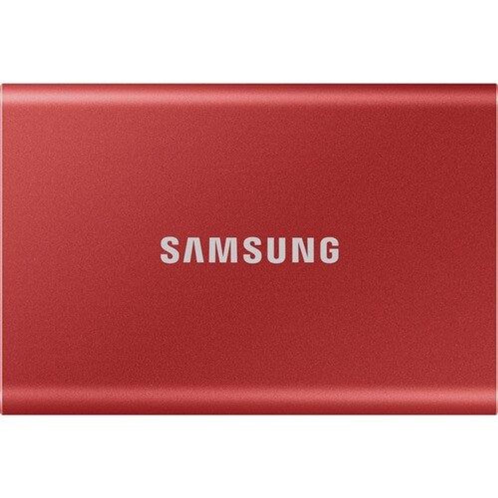 Red Samsung Portable SSD T7 with SAMSUNG logo on metal top