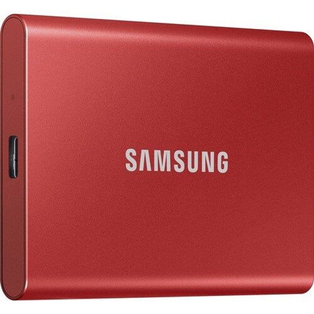 Red Samsung Portable SSD T7 external solid state drive, side view with USB port and logo