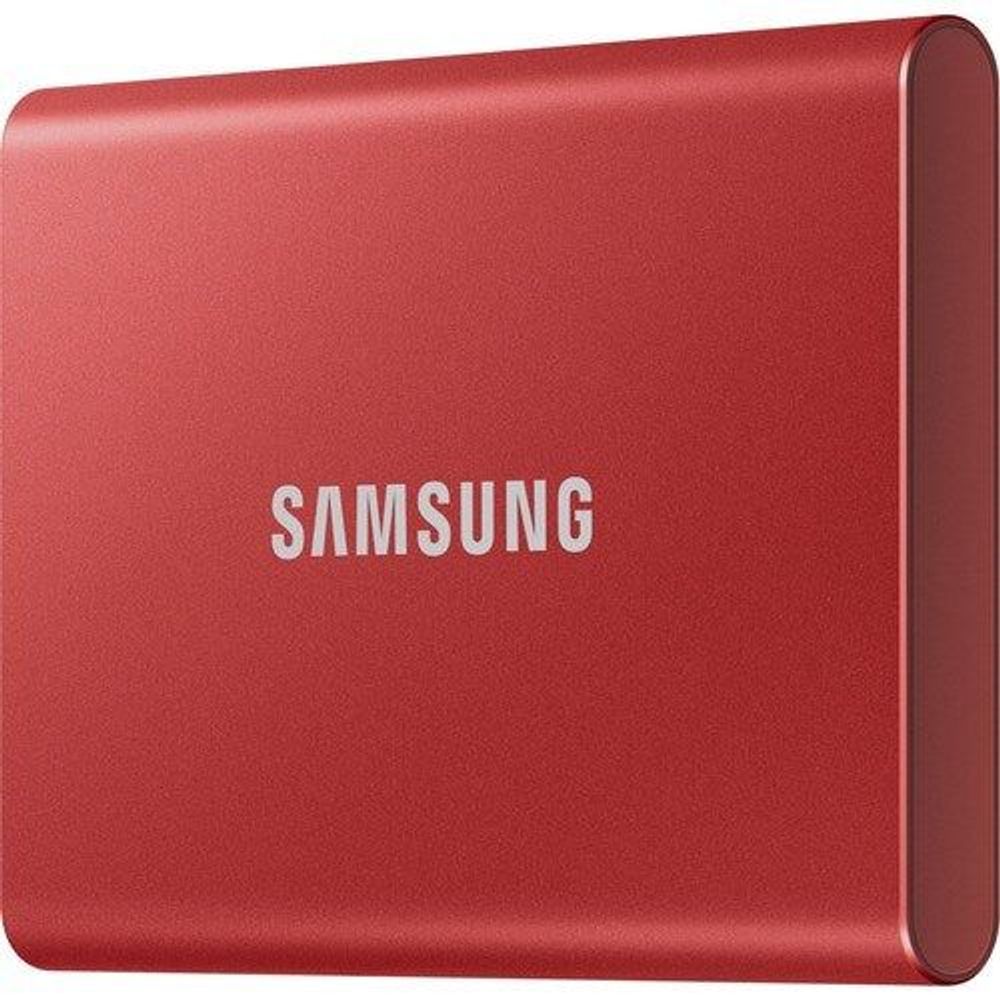 Red Samsung Portable SSD T7 external solid state drive, close end view with Samsung logo