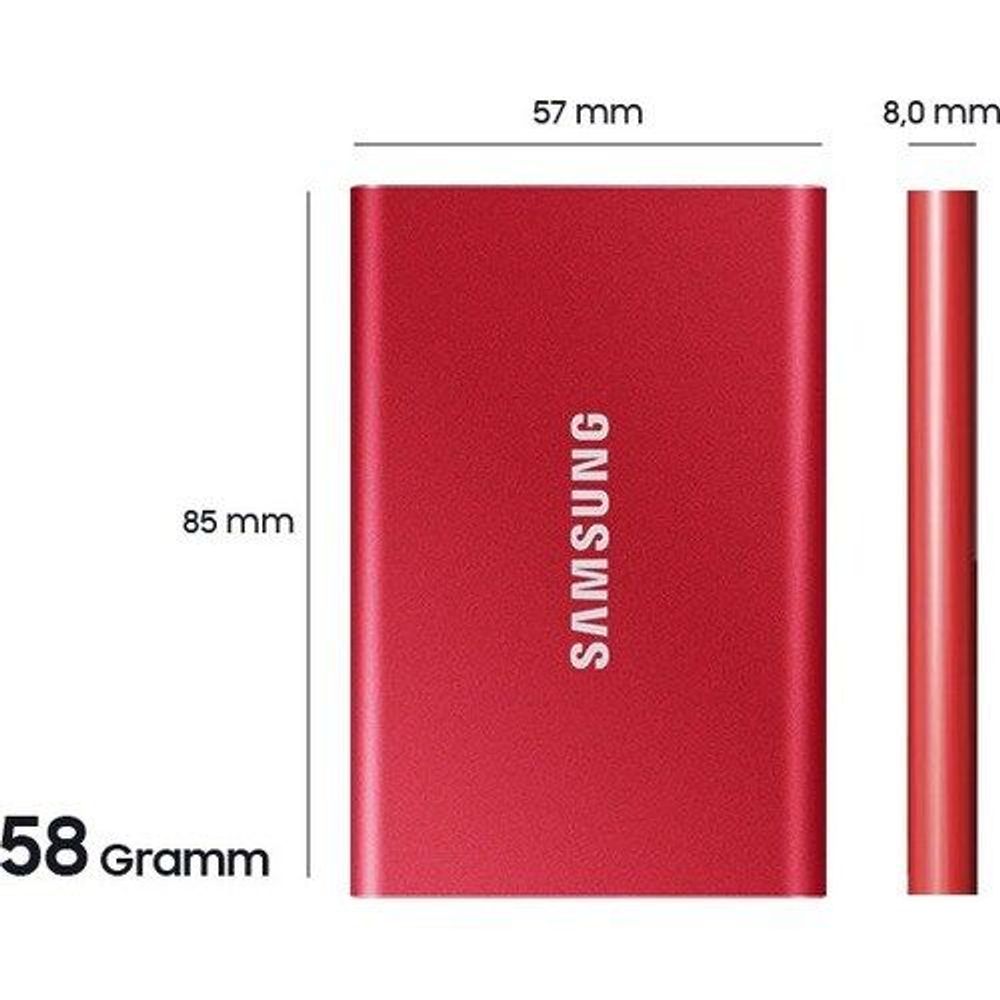 Red Samsung Portable SSD T7 size diagram with 57 mm and 85 mm labels