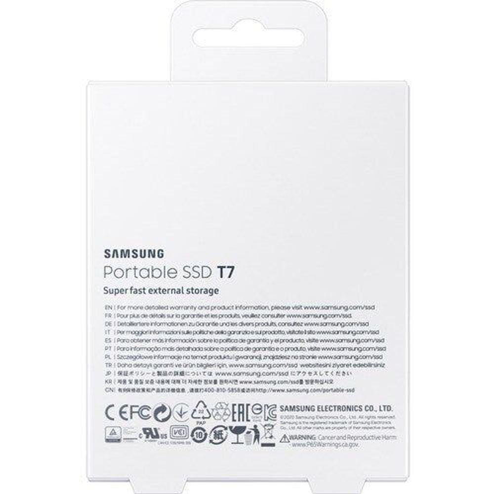 Samsung Portable SSD T7 retail package back with technical and certification text