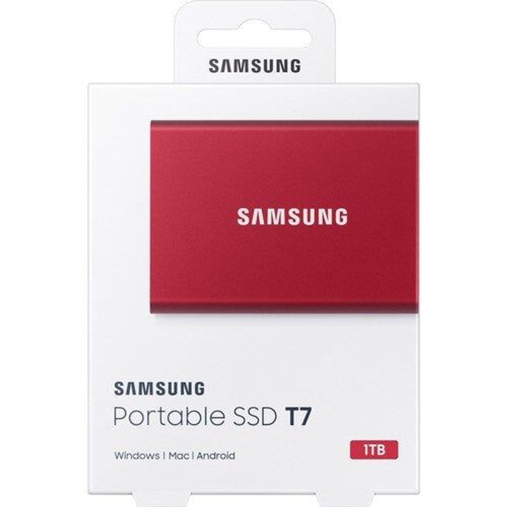 Samsung Portable SSD T7 1TB retail package showing red drive image and 1TB badge