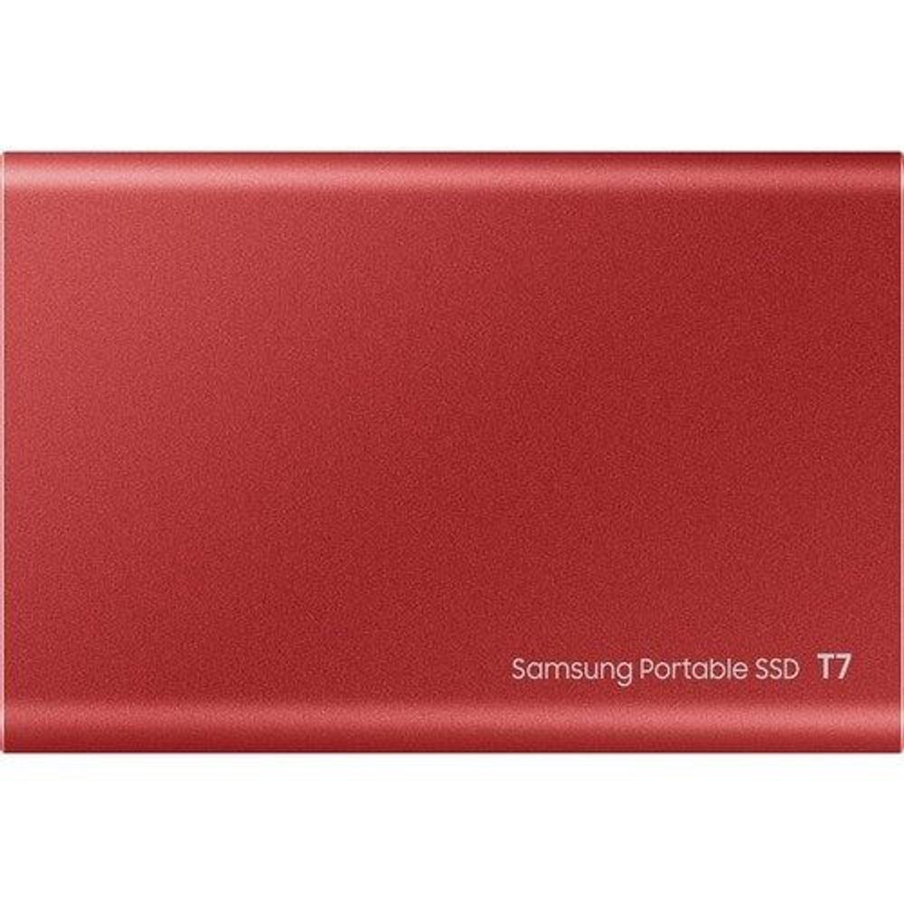 Red Samsung Portable SSD T7 external solid state drive, back panel with model name