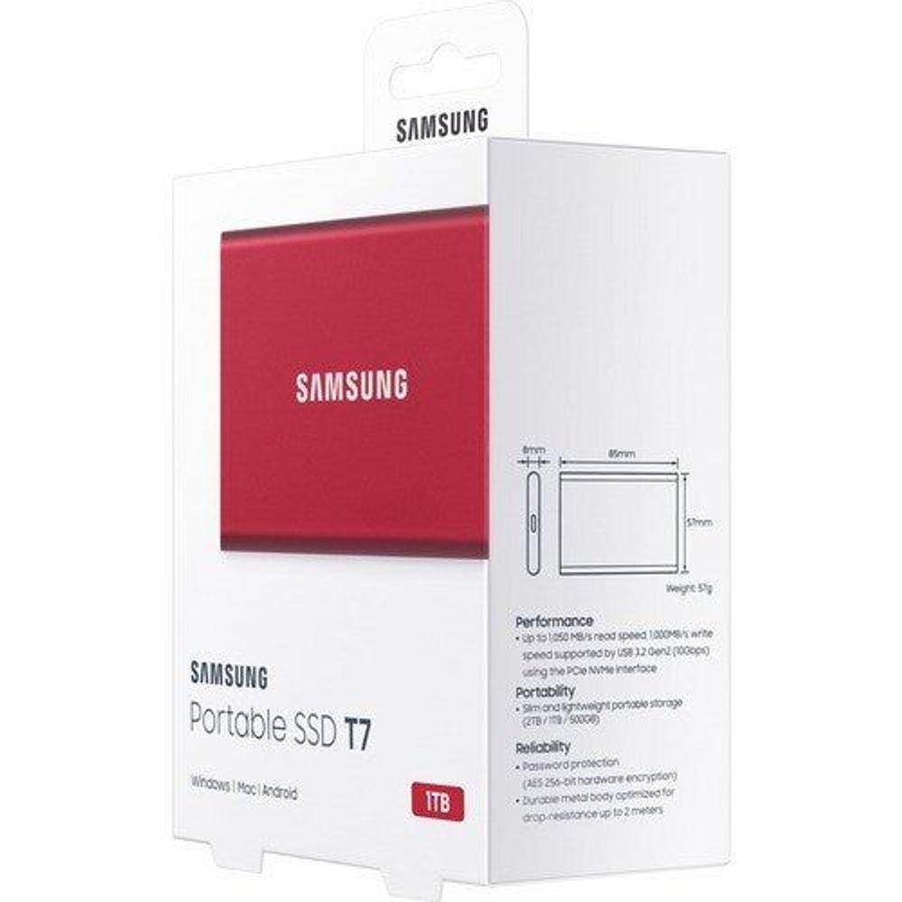 Samsung Portable SSD T7 1TB retail box packaging with red drive and specs