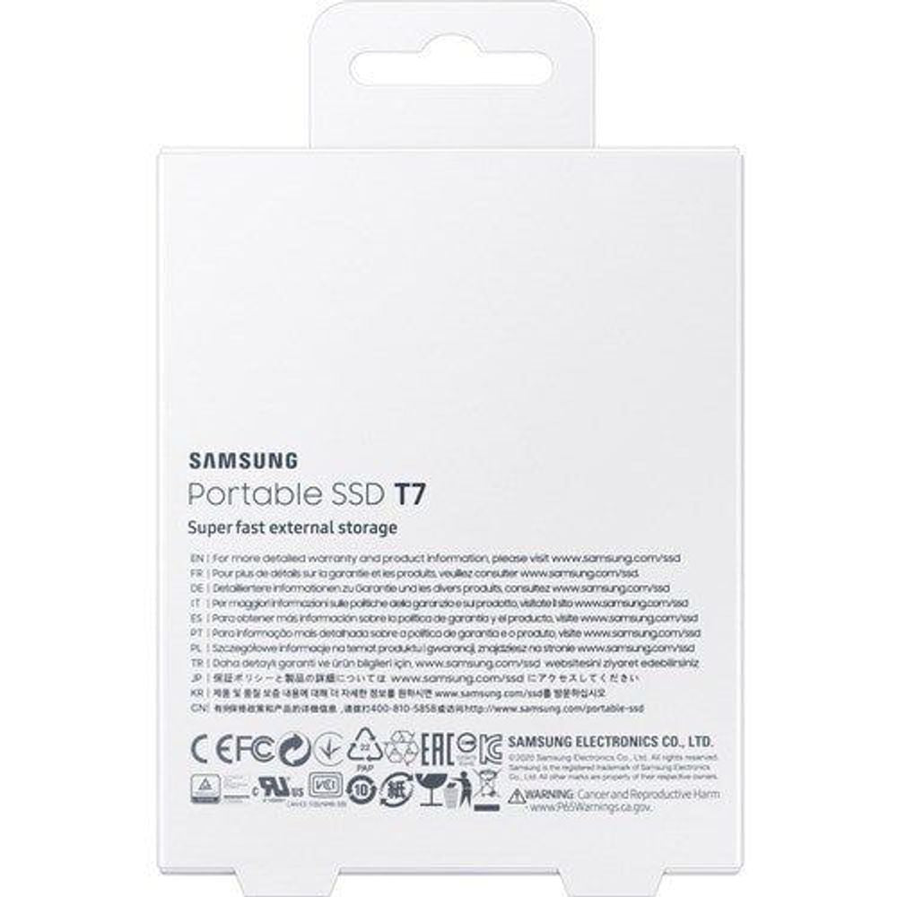 Samsung Portable SSD T7 box back with product specifications and certifications