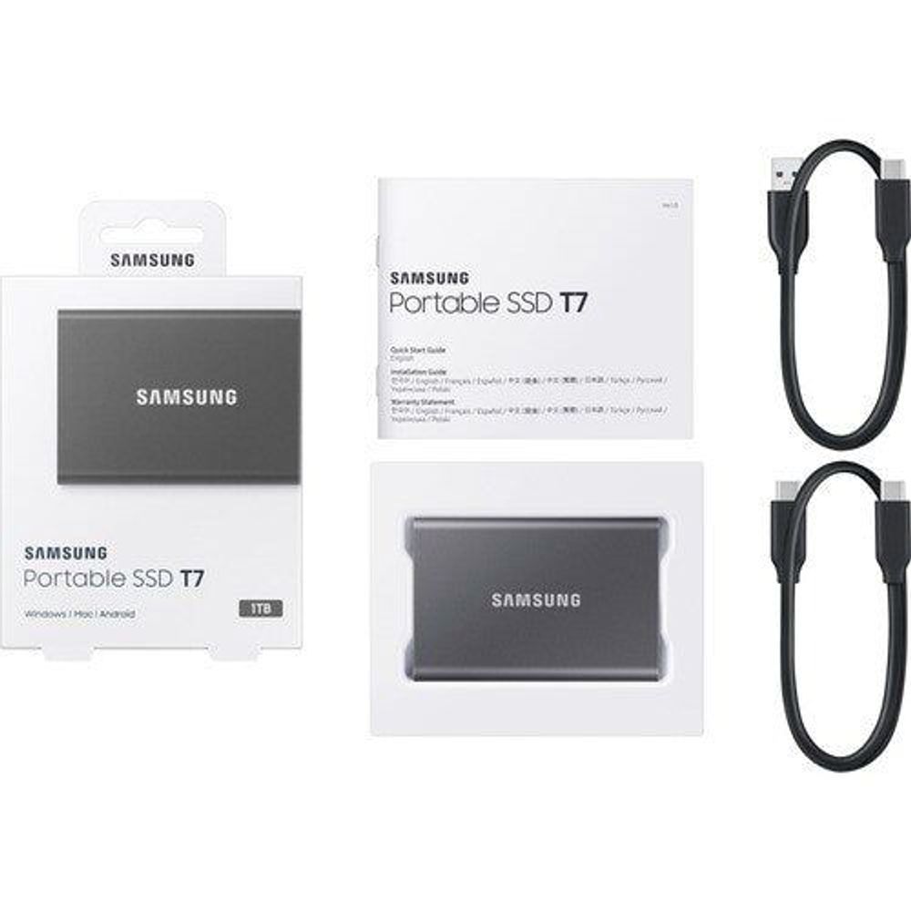 Samsung T7 portable SSD kit with drive, packaging, and USB cables