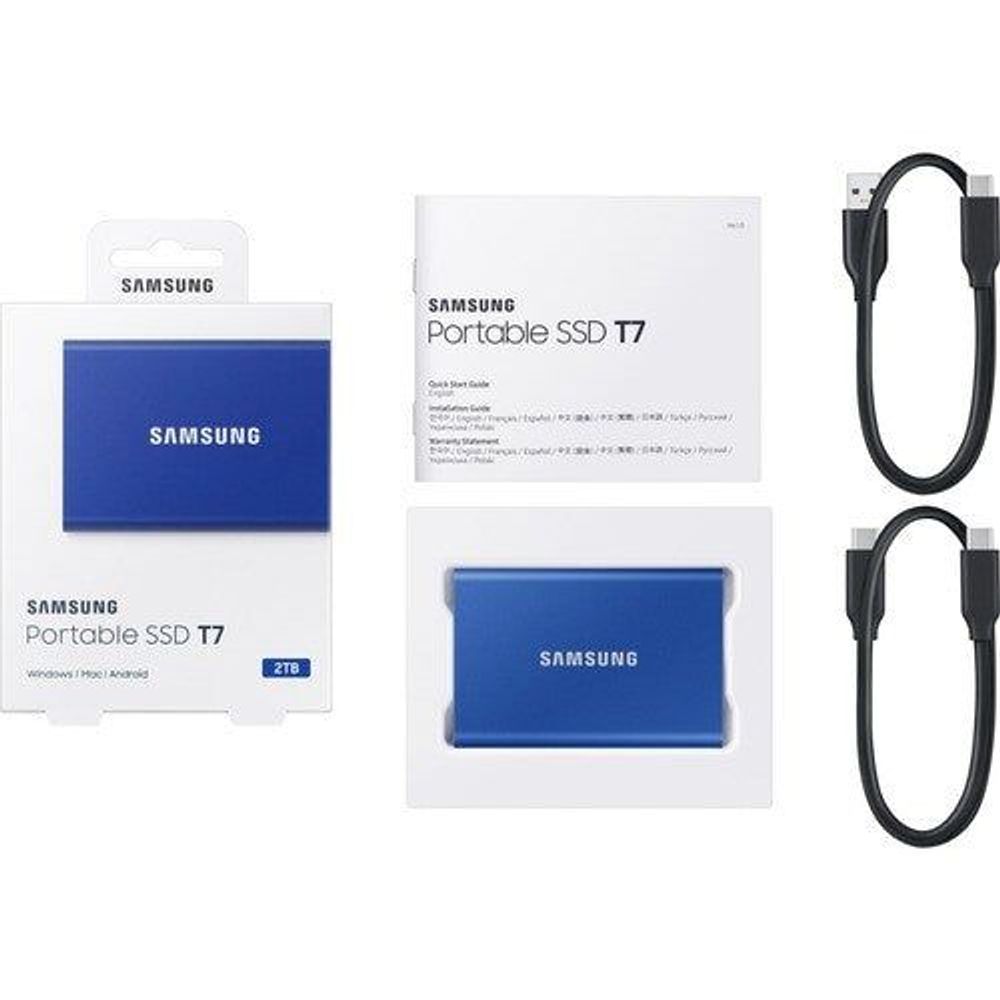 Samsung T7 Portable SSD kit with blue drive, card inserts, and USB cable set.