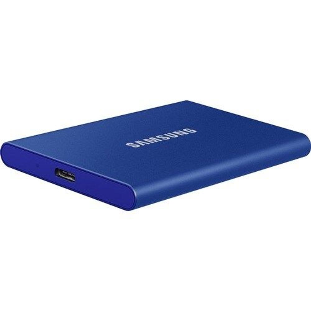 Blue Samsung Portable SSD T7 showing side port and compact rectangular shape.