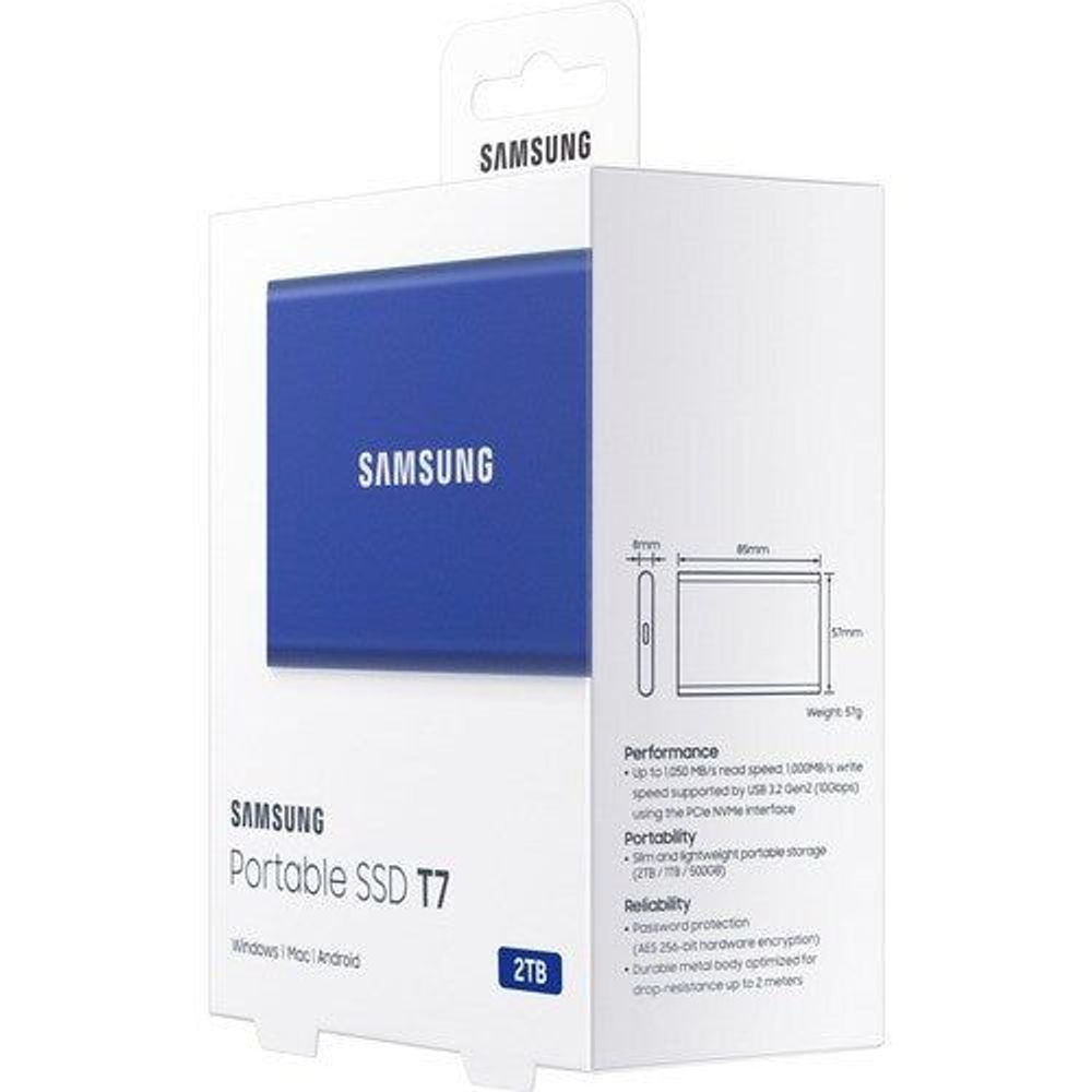 Samsung T7 2TB Portable SSD retail box with blue drive pictured