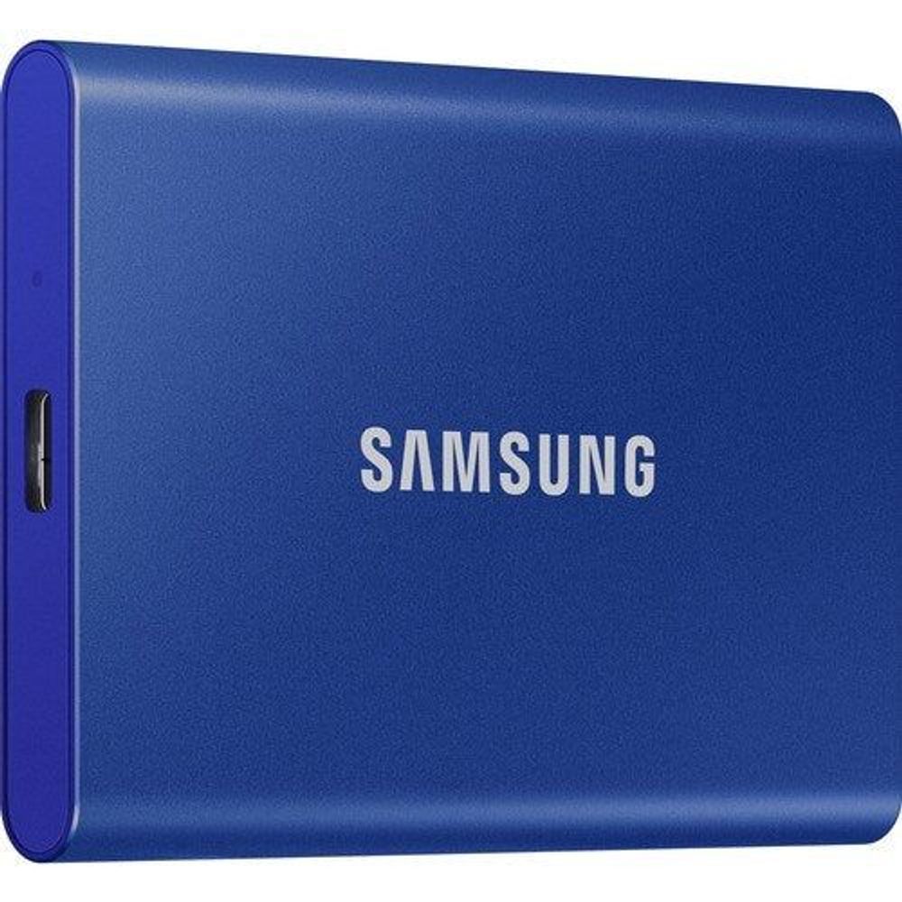Blue Samsung T7 Portable SSD with side USB port