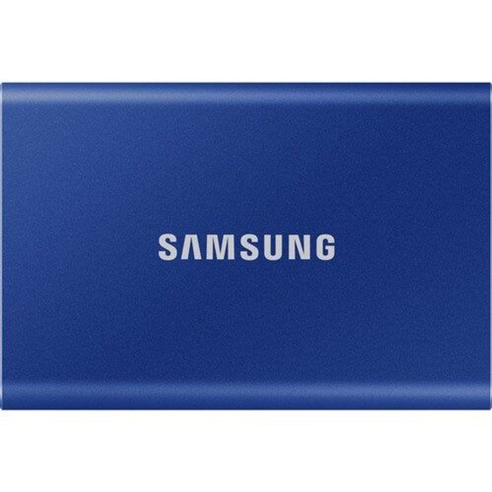 Blue Samsung T7 Portable SSD front panel with Samsung logo