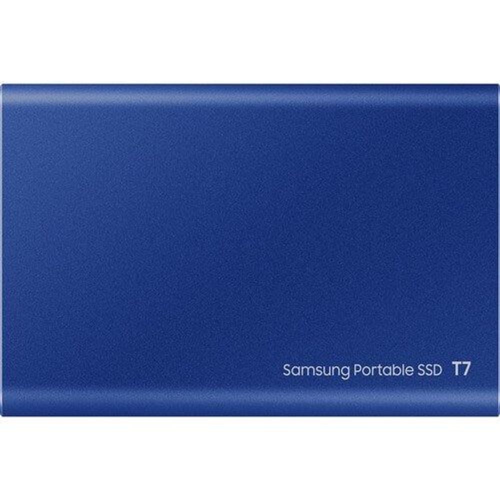 Blue Samsung Portable SSD T7 rear panel with “Samsung Portable SSD T7” text.