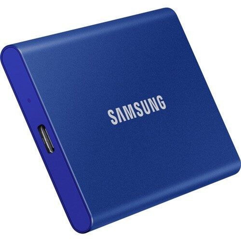 Angled blue Samsung T7 Portable SSD with Samsung logo and side port