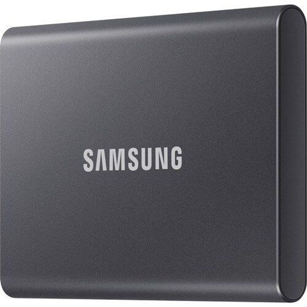Dark Samsung Portable SSD T7 with SAMSUNG logo and rounded corner design
