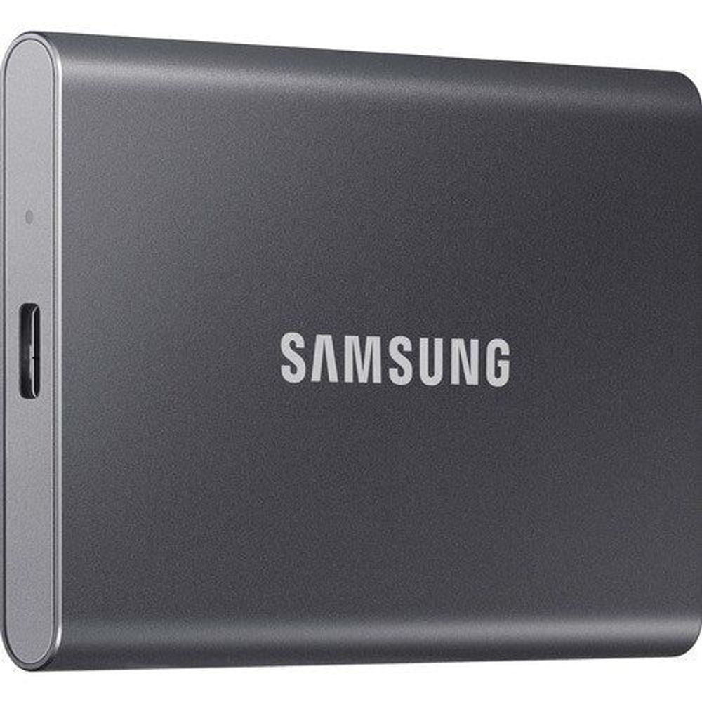Dark Samsung Portable SSD T7 with SAMSUNG logo and side port