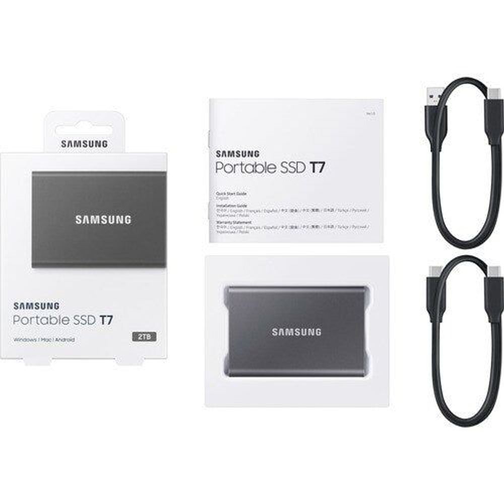 Samsung Portable SSD T7 external SSD kit with black USB cable, retail box and drive