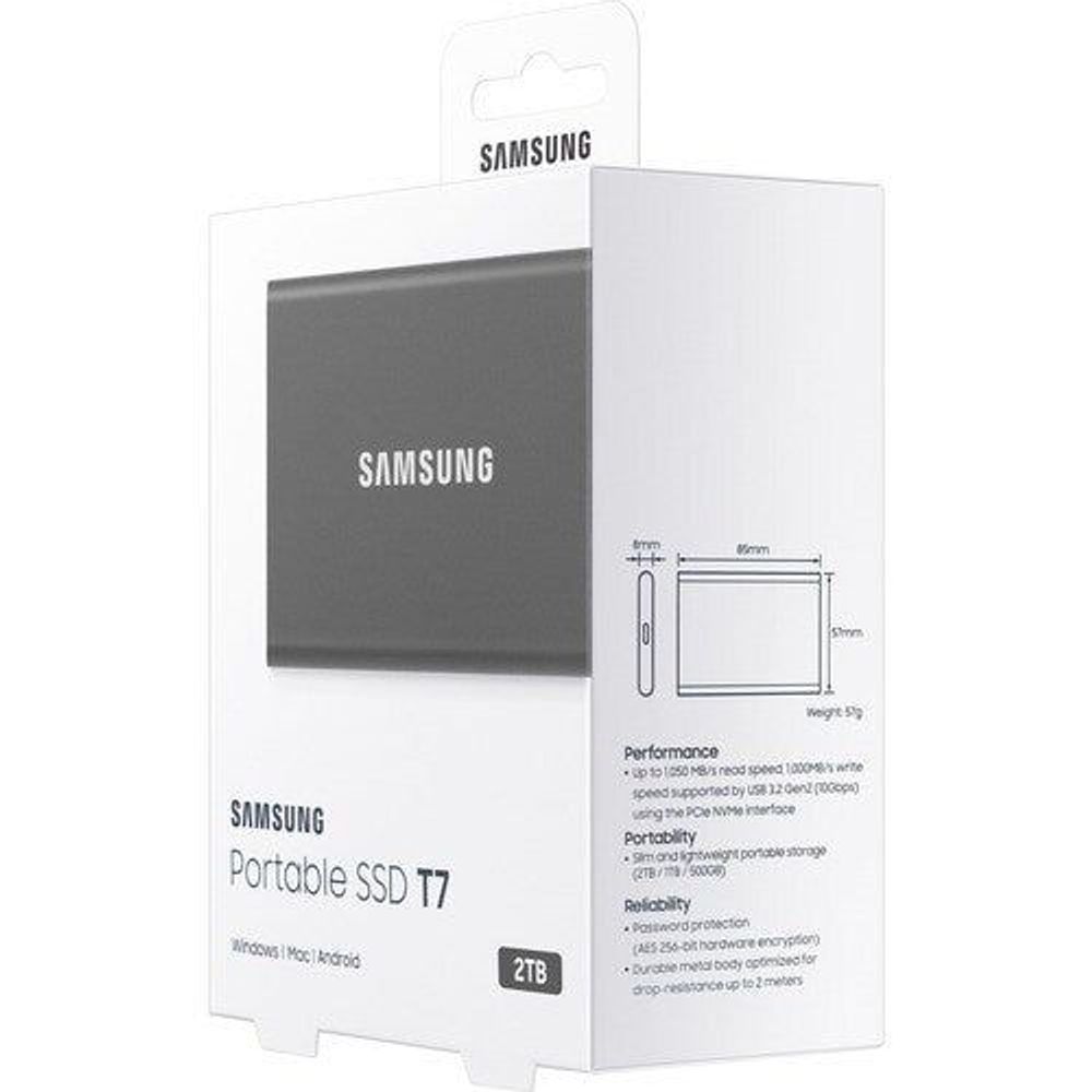 Samsung Portable SSD T7 2TB retail box with dimensions and performance highlights