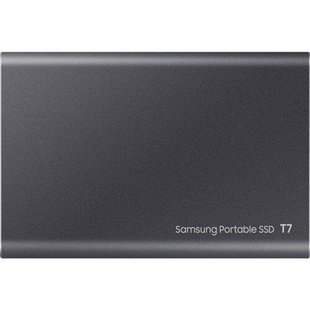 Dark gray Samsung portable SSD T7 external solid state drive, front view with logo