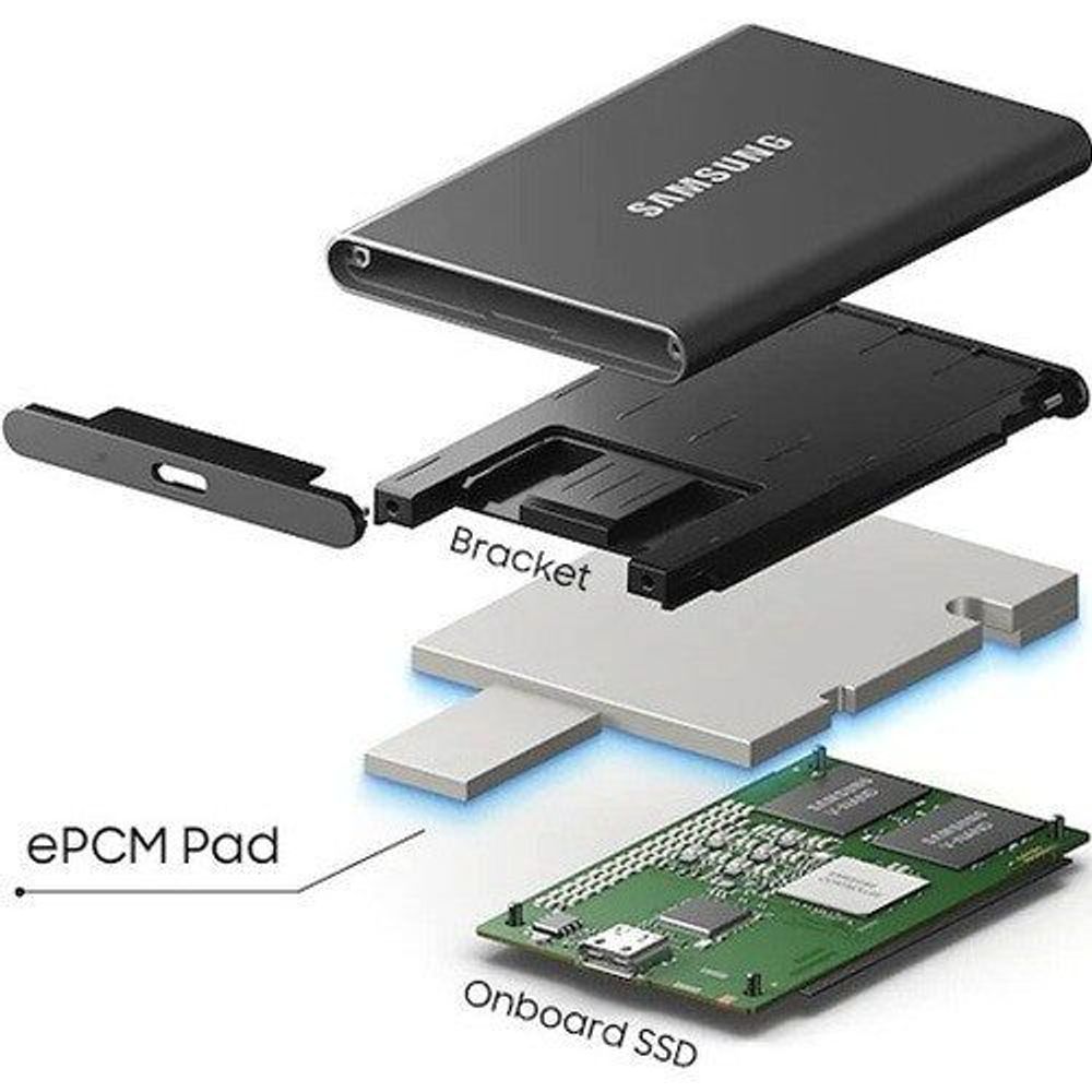 Portable external SSD showing open housing, bracket, and internal circuit board