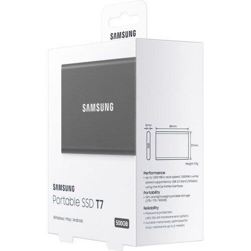 Samsung Portable SSD T7 packaging with dimensions and performance info panels