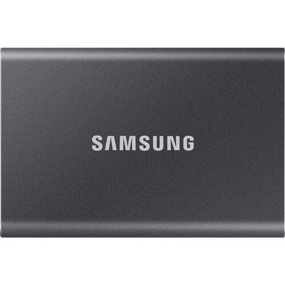Dark gray Samsung portable SSD T7 close-up with centered SAMSUNG logo