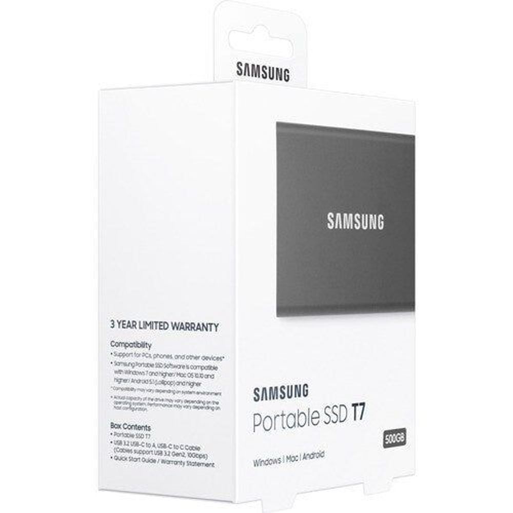 Samsung Portable SSD T7 retail packaging with warranty panel and dark product window