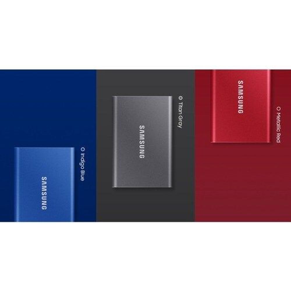 Samsung portable SSD in multiple colors: red, blue, and gray
