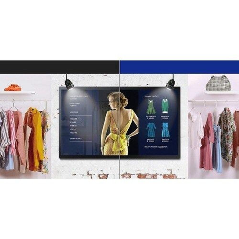 32-inch touchscreen digital signage display mounted above retail clothing racks